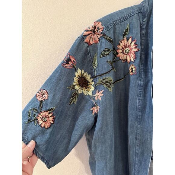 Style & Co Womens Embroidered Open Front Chambray Kimono Medium Pockets Teacher - Picture 3 of 9